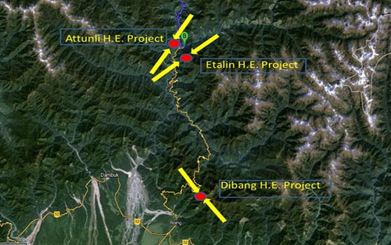 The direction of maximum compression at various projects in Dibang valley