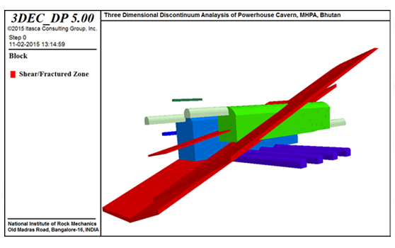 3D discontinuum Model of twin caverns with shear and fractured zone