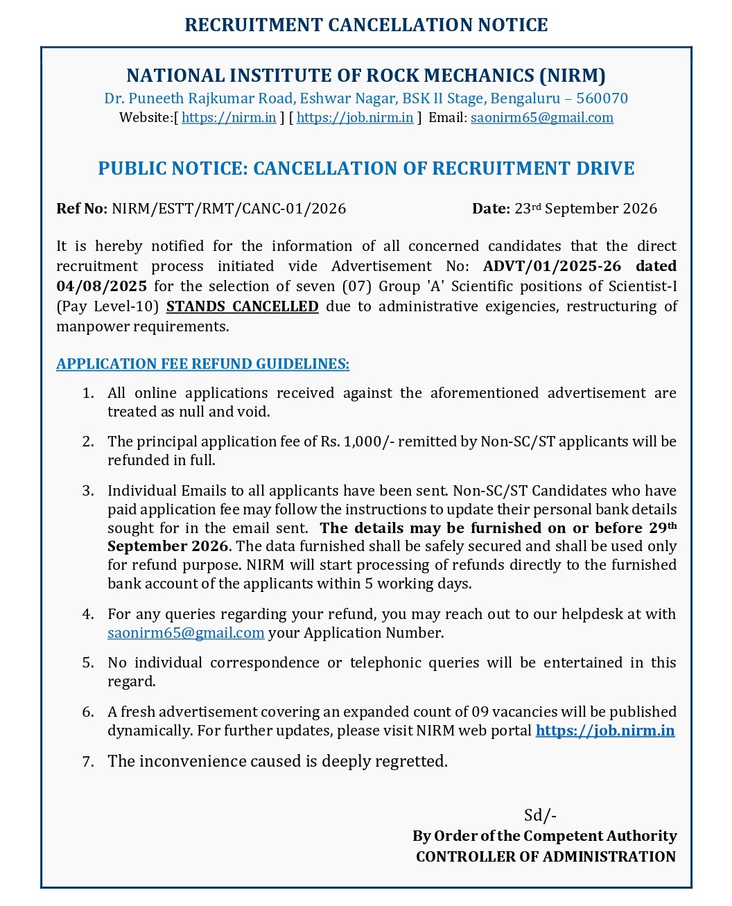 RECRUITMENT CANCELLATION NOTICE