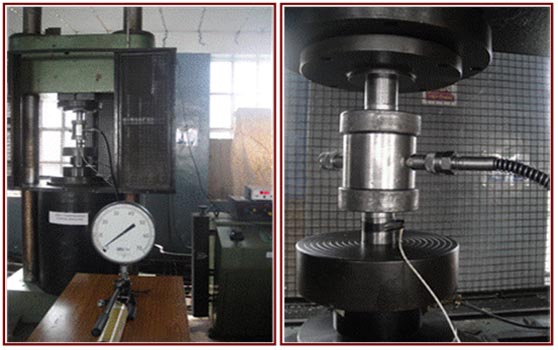 Stress strain curve of Uniaxial Compression Test and Compression testing set up and Data Acquisition System